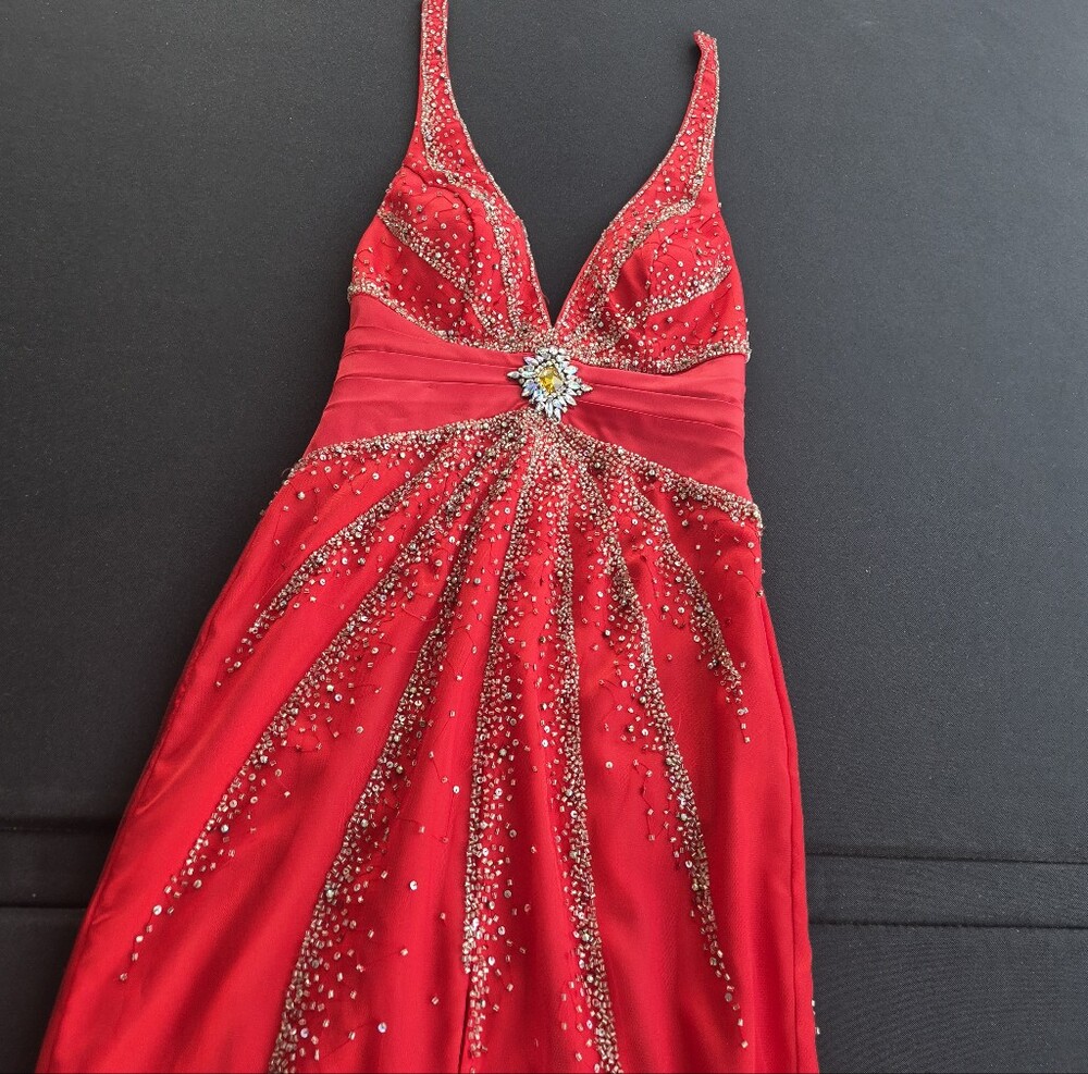 Tiffany Designs Red Beaded Halter Evening Gown